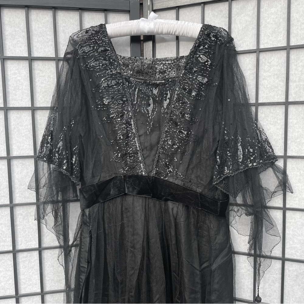 Antique 1910s Black Silk Tulle Beaded Sequin Edwardian Mourning Gibson Girl Gown - Picture 3 of 16